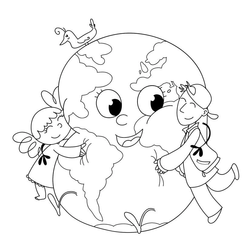 Children hug the earth coloring page